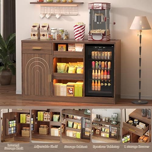Snack Bar Cabinet with Mini Fridge Space, Mini Fridge Cabinet with Storage, Coffee Bar Cabinet with Drawer, Power Outlets, Snack Organizer with LED Lights for Home, Movie Room, Game Room (Walnut) thumbnail 4