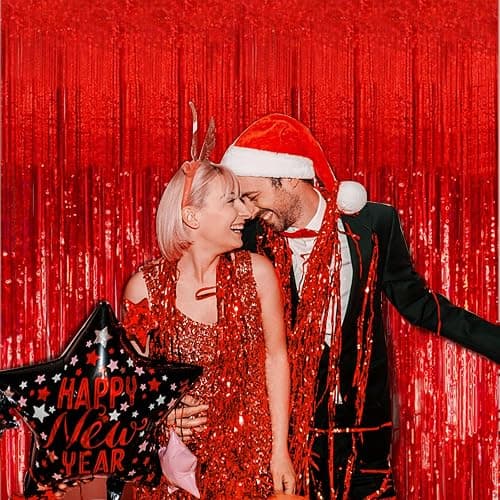 2 Pack Foil Curtain Backdrop Red Metallic Tinsel Foil Fringe Curtains Photo Booth Props for Birthday Wedding Engagement Baby Shower Bachelorette Christmas Holiday Celebration Party Decorations thumbnail 5