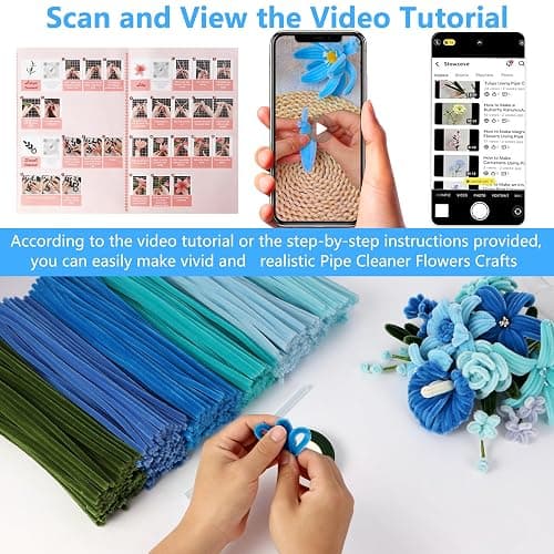 600 PCS Blue Pipe Cleaners Craft Bulk, 6 Pastel Colors Pipe Cleaner Flower Kit, Chenille Stems with Instructions, Floral Wires, Gardening Tape, Stamen, DIY Art and Craft Supplies(Blue Gradient) thumbnail 6
