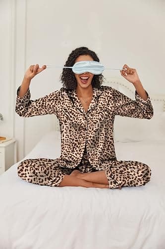 Ekouaer Womens Satin Pajama Set Classic Pattern Silky Pj Sets Button Down Sleepwear Loungewear thumbnail 3