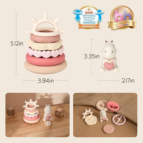 Moonkie Lapin Tour Empilable Bebe, Jeux Eveil Silicone, Anneau Dentition Bebe, Jouet Montessori Eveil, Anneaux Empilables Bébés, Cadeau pour Filles 6 Mois+, Ensemble de 7 Pièces thumbnail 2