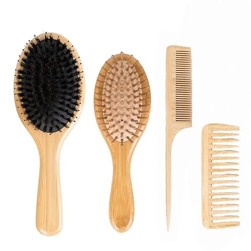4 PCS Bamboo Hair Brushes Set,Boar Bristle and Detangling Combs,Hair Care Tools with Natural Bristles, Birthday Gift for Family Friend Women Men Mother Hairbrush Kit - Image 1