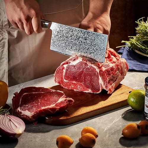 SENKEN 7-Piece Damascus Kitchen Knife Set - Dynasty Collection - 67-Layer Japanese VG10 Steel with Sycamore Wood Handles, Chef's Knife, Cleaver, Bread, Santoku, Boning, & More thumbnail 4