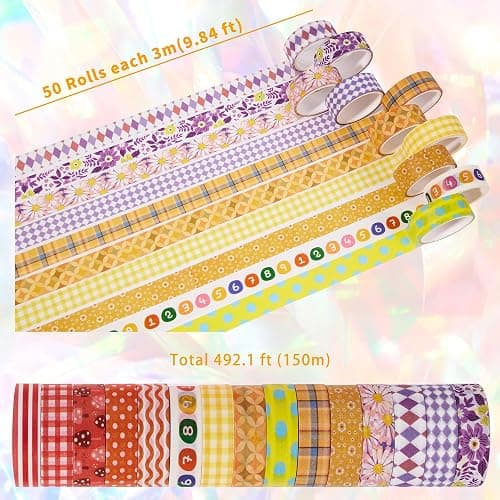 emmoolife 50 Rolls Washi Tape Set, 15mm Wide Rainbow Colored Tape Aesthetic Design Masking Decorative Tape for Scrapbooking Supplies, Bullet Journaling, Junk Journal, Wrapping Planners, DIY Arts Craft thumbnail 3