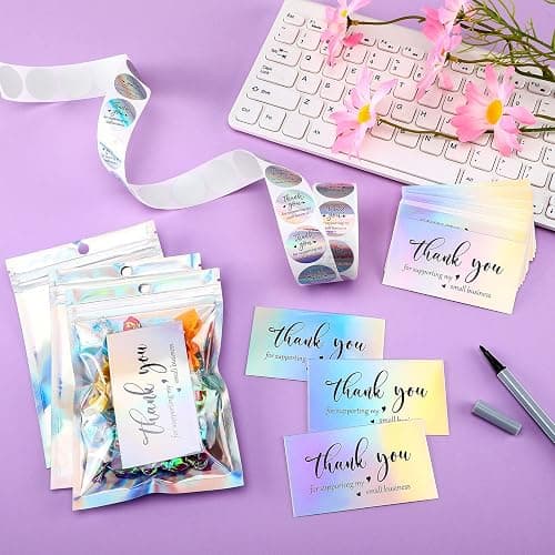 Outus 620 Pieces Thank Cards and Stickers Set Thank Gold Foil Stickers for Supporting My Small Business with Resealable Packaging Bag, Suitable for Business Owners (Holographic) thumbnail 2