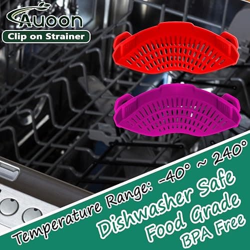 AUOON Clip On Strainer Silicone for All Pots and Pans, Pasta Strainer Clip on Food Strainer for Meat Vegetables Fruit Silicone Kitchen Colander (Purple) thumbnail 3