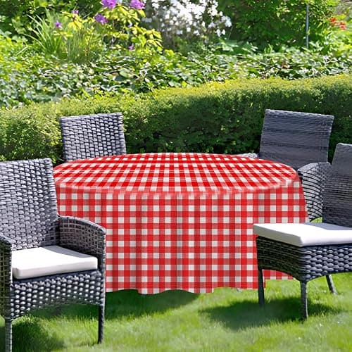 RINDOJIN 2 Pack Red Gingham Tablecloth Round 84 x 84 Inch Round Plastic Checkered Table Cloth Disposable Plaid Table Cover for Picnic Party Birthday Wedding Baby Shower Christmas Circle Red Tablecloth thumbnail 6
