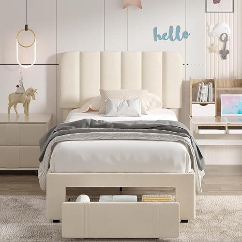 VECELO Twin Size Upholstered Bed Frame with Drawer and Headboard, Velvet Platform Storage Bedframe, Wooden Slats Support, No Box Spring Needed,Bone Beige thumbnail 2