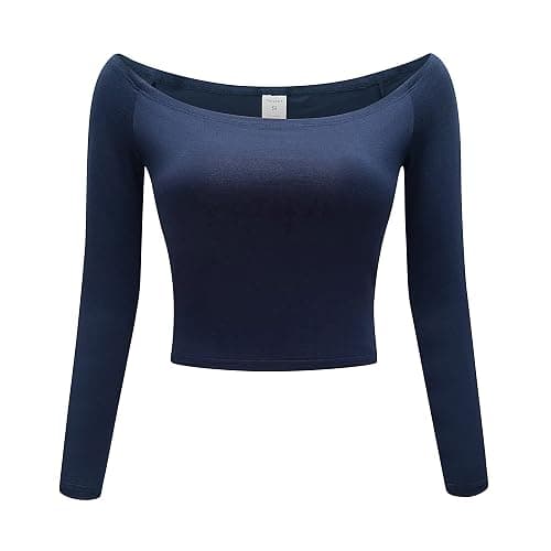 OThread & Co. Women's Off Shoulder Long Sleeve Crop Top Comfy Basic Stretch Layer Shirt - Image 1