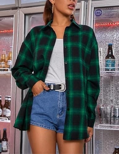 HangNiFang Womens Flannel Plaid Shirts Oversized Button Down Shirts Blouse Tops thumbnail 2
