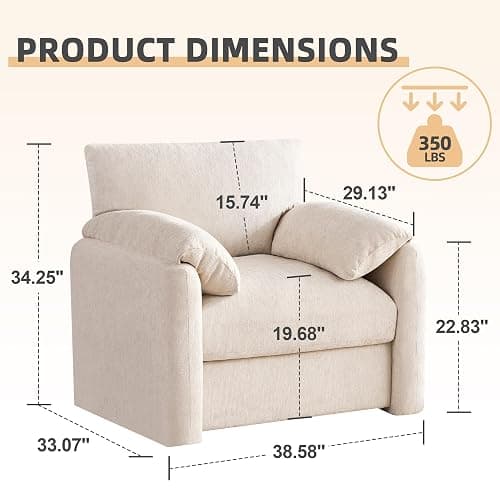 Howjoe Chenille Oversized Armchair, 38.6" Wide Accent Chairs for Living Room & Bedroom Modern Lounge Chair, Upholstered Mid-Century Reading Chair, Comfy Living Room Chair, Single Sofa Chair, Beige thumbnail 2