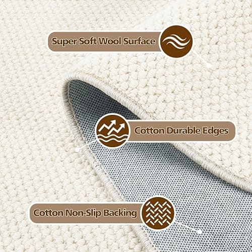 ANSSO Wool Rugs 8x10 for Living Room,80% Merino Wool and 20% Cotton Soft Tufted Area Rug with Cotton Non-Slip Backing,Large Area Rug for Bedroom Bedroom, Dining and Home Office (Cream White) thumbnail 4