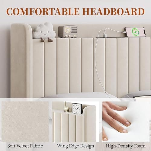 Yaheetech Full Size Bed Frame with USB Charging Station and Storage Shelf/Upholstered Headboard Platform Bed with Wing Side/Wooden Slats Support/Noise Free/No Box Spring Needed/Easy Assembly, Beige thumbnail 5