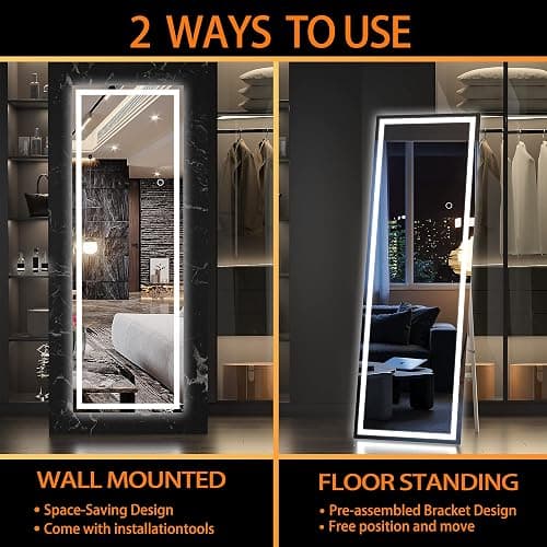 Hasipu Full Length Mirror with Lights, 56" x 15.8" LED Floor Mirror, Full Body Dressing Standing, Hanging Mounted Mirror for Living Room Bedroom Cloakroom, Square Black thumbnail 8