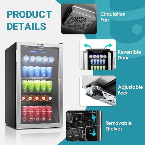 EUHOMY Beverage Refrigerator Cooler, 130 Can Mini Fridge with Glass Door for Soda Beer or Wine, Beverage Cooler for Home, Office, Bar with Adjustable Removable Shelves, Silver thumbnail 7