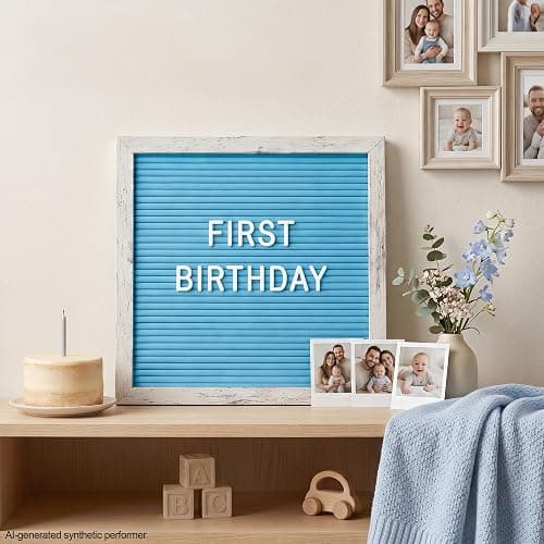 Rustic Blue Felt Letter Board 10x10 Inch for Baby Boy Announcements | 336 letters, numbers and symbols with a tabletop stand and wall hanger for newborn photos, milestones and birthdays thumbnail 8