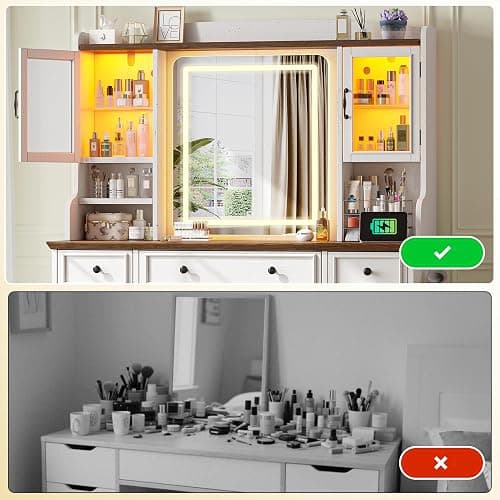 EnHomee Vanity Desk with Mirror and Lights, 43" White Makeup Vanity Desk with 5 Drawers & 2 RGB Glass Cabinets, Adjustable 3 LED Lights for Bedroom, Farmhouse Dressing Table for Women thumbnail 7