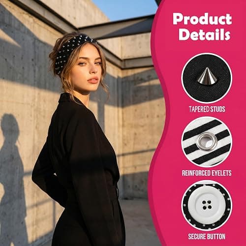 Weazppre 5 Pieces Wide Stretchy Metal Grommet Hair Accessories, Rock Style Black and White Design Fashionable Metal Hairbands for Sports and Casual Y2K Daily Looks thumbnail 3