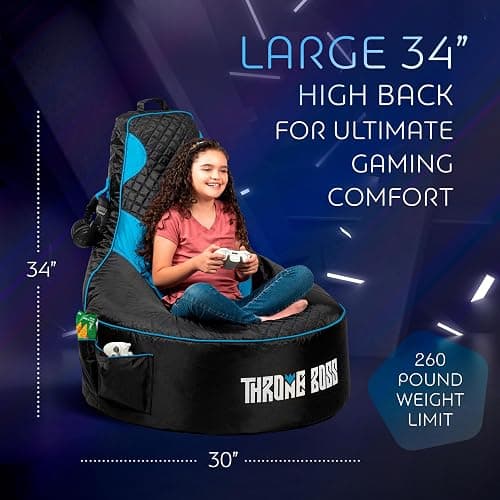 Throne Boss Gaming Bean Bag Chair for Kids with High Back – Floor Gaming Chair, Easy to Clean Oxford 420D Fabric, Large Side Pockets, Headphone Hanger – Cover ONLY Add 200 Liters Beans (Blue) thumbnail 3