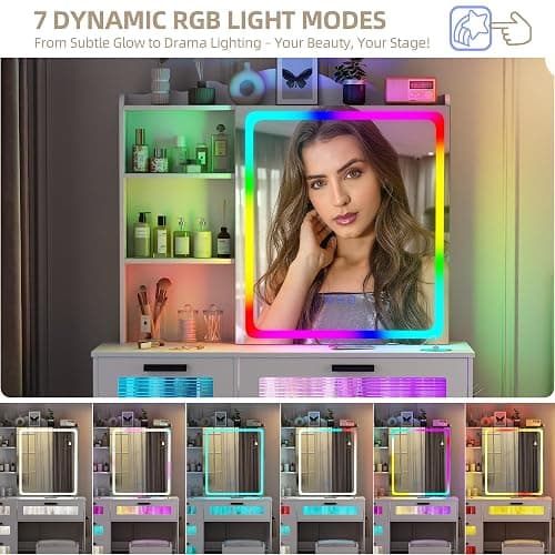 Gurexl RGB Vanity Desk with Sliding Mirror and Lights,Glass Top Makeup Vanity with Wireless Charging Station,7 Dynamic and 7 Static Dimmable Dressing Table with 5 Drawers,Shelves,Hooks,Stool thumbnail 4