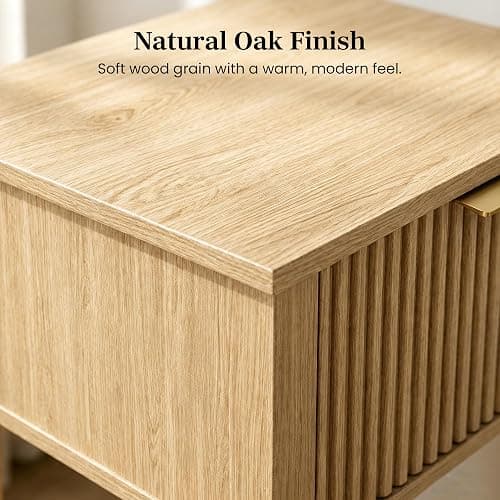 RIHHA Natural Oak 15.4" Wide Small Nightstand with Drawer,Open Shelf,Fluted | Light oak tone, ribbed fluted front, 11.8-inch slim depth, concealed storage, airy fit for bedside, sofa side, or chair side thumbnail 5