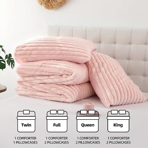 Smoofy Fluffy Full Size Comforter Sets 3 Pieces - Blush Pink Fleece Fluffy Comforter Set, Luxury Fuzzy Full Bed Set, Soft Comforter Full Size All Season, Heavy Faux Fur Comforter with 2 Pillow Cases thumbnail 7