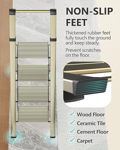 WOA WOA 4 Step Ladders for Home, 300lbs Load, 37'' Top Step, Gold | 9ft Reach; For Closets, Kitchens; Anti-Slip Feet Suit Wood, Tile, Carpet; Rigid Aluminum Pedals; Handrail Adds Balance. thumbnail 6