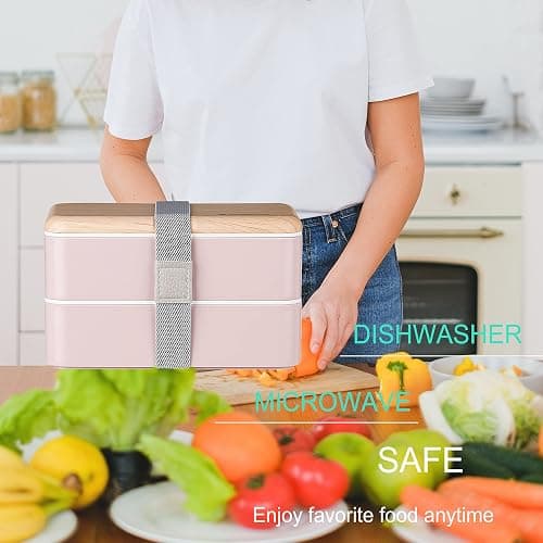 Original Bento Box Brotdose Lunchbox für Erwachsene/Kinder mit Fächern Essensbox Bündel Teiler Japanischer Stil mit Ddelstahl Besteck Löffel und Gabel (Rosa) thumbnail 8
