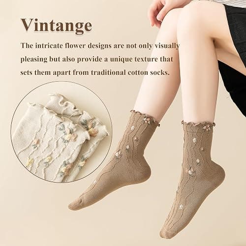 bropapa Womens Ruffle Crew Socks Vintage Patterned Ankle Casual Fashion Dress Sock Cute Lettuce Floral Socks 5/6 Pack thumbnail 7