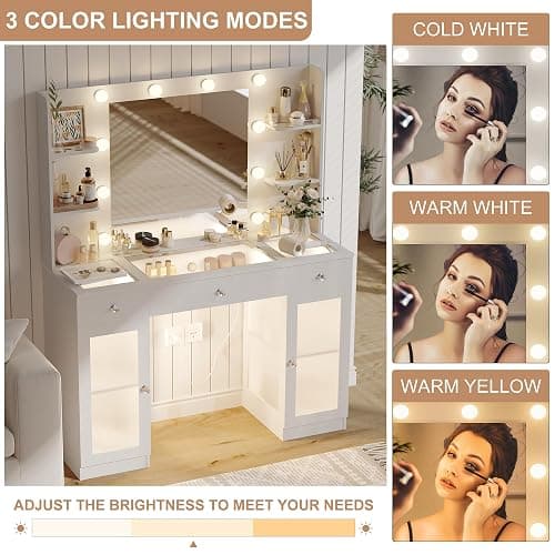 IFSEB Makeup Vanity with Glass Top, White Vanity Desk with Mirror and Lights, Big Vanity with Drawers & Cabinets for Bedroom, Cute Vanity with Crystal Knobs & Power Outlet for Women thumbnail 4