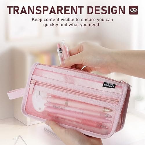 Four Candies Grid Mesh Pencil Case with Handle and Zipper, Clear Double-layer Pencil Pouch Marker Pouch, Travel Makeup Bag, Cute Transparent Stationary Organizer Pen Bag for Adult Office College | Smooth Zipper, Transparent Pencil Pouch, Cute Stationary, Makeup Bag, Travel Friendly, for Adult Office College thumbnail 6
