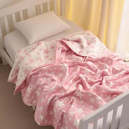 NTBAY 3 Layer Toddler Blanket, Muslin Cotton Jacquard Bed Blankets, Lightweight Thermal Baby Blanket, Super Soft and Warm Crib Blanket for All Seasons, Decoration Gift, 30"x40", Pink Star thumbnail 6