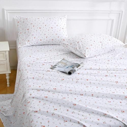 Softan Pink Floral Full Sheet Set Flower Printed Bed Sheets Double - 4 Piece Microfiber Patterned Fitted Bed Sheets with 15" Deep Pocket & Straps, Cozy Cute Pink Sheets and Pillowcase Set thumbnail 2
