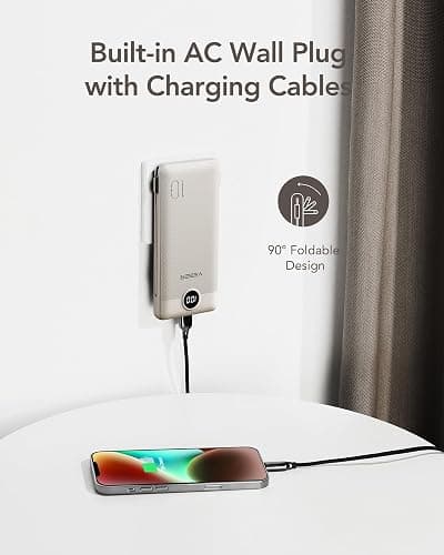 VEGER Portable Charger with Built-in AC Plug and Cables, All in One 10000mAh Ultra Slim Power Bank Travel Essentials, 15W Fast Charging Battery Pack Compatible with iPhone, Samsung, Android (Coffee) thumbnail 3