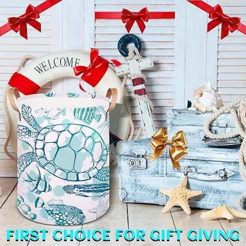 Large Laundry Hamper Basket Ocean Theme Round Freestanding Clothes Basket, Sea Turtle Collapsible Storage Organizer Bin with Leather Handles for Dirty Clothes Toys, Nursery Home Storage 16"W x 20"H thumbnail 6