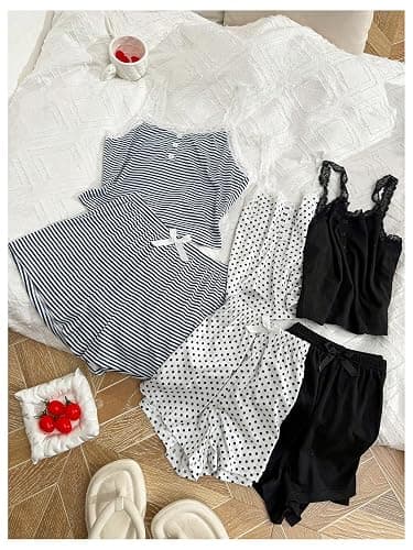 SOLY HUX Women's 6 Piece Pajama Sets Cami Tops and Shorts Sleepwear Set | Lace Pj Sets, Polka Dots Striped Lounge Set thumbnail 3