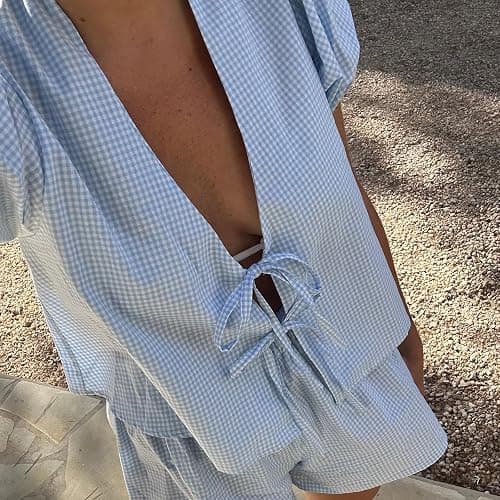 KMBANGI Women Y2K 2 Piece Shorts Set Peplum Puff Sleeve Babydoll Shirt Blouse Shorts Tie Front 2 Piece Pajamas Sets thumbnail 6