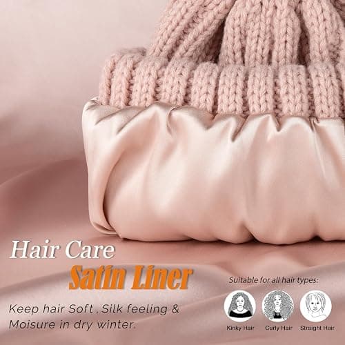 FURTALK Womens Winter Beanie Hat Satin Lined Faux Fur Pom Pom Beanies Hat for Women Winter Warm Knit Hats thumbnail 2