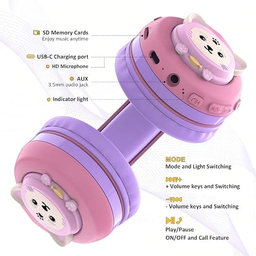 Riwbox CB-7S Kids Wireless Headphones,with Safe Volume Control 74/85/95dB,LED Glow Lights,50H Playtime,Bluetooth V5.3,Built-in Mic, TF Card Slot,for Travel/School/Phone/Laptop(Pink&Purple) thumbnail 4