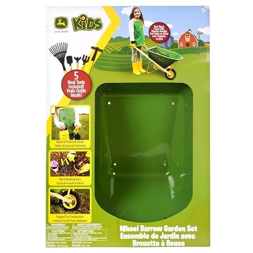 John Deere Deluxe 34" Wheelbarrow and Garden Set Includes 5 Realistic Gardening Tools,Gardening Apron, Gardening Gloves, Large Metal Wheelbarrow with Wooden Handles, Outdoor Toy Ages 5+ thumbnail 6