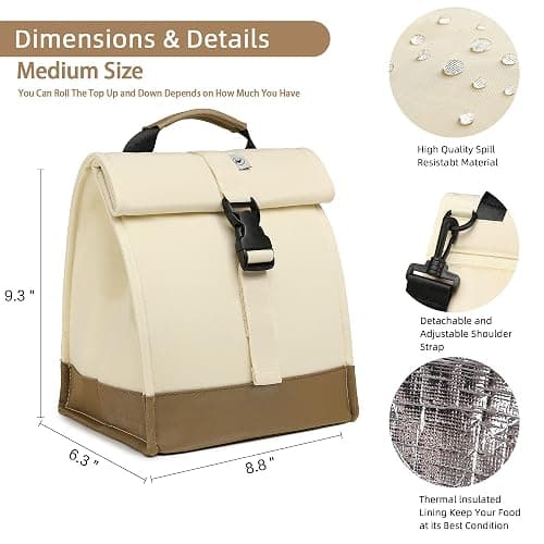 SUNNY BIRD Insulated Lunch Bag Rolltop Lunch Box Medium Lunch Cooler Tote for Women, Girls, Teens and Adults (White) thumbnail 2