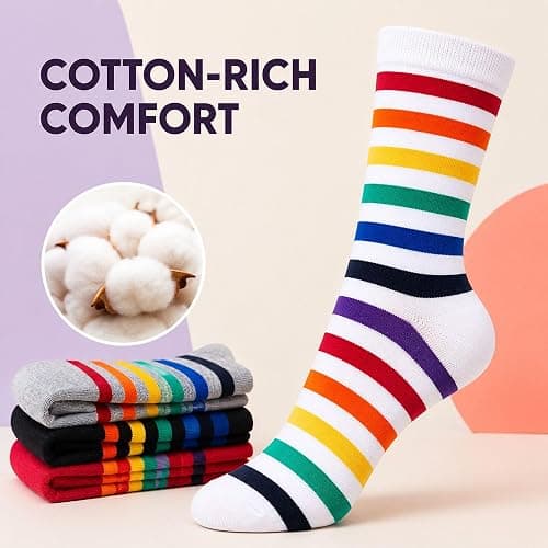 KONY Women's Cotton Novelty Crew Socks, Animal Dog Rainbow Pattern, 4 Pairs | Soft breathable, cute fun pattern, gift for teen girls and women, birthdays, holidays, stocking stuffers, Size 6-9 thumbnail 3