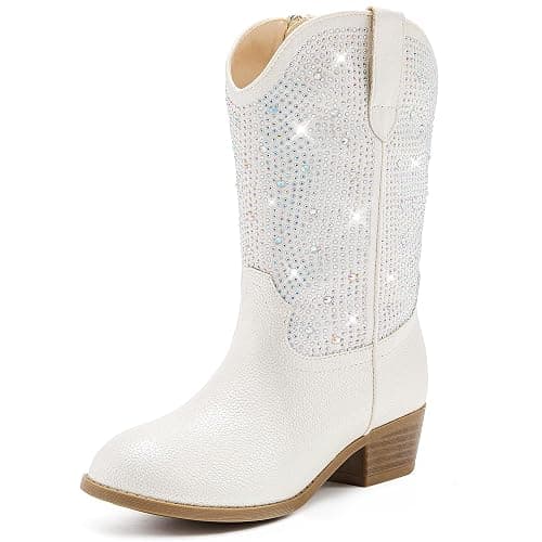Motasha Rhinestone Sparkly Girls Cowgirl Cowboy Boots Little Kids Dress Boot Pointed Toes Low Heel Mid Calf Zipper Party Birthday Toddler to Big Kid - Image 1