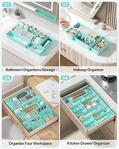 Canfanni 13 Pack Plastic Drawer Organizers Set, 3 Sizes Desk Drawer Organizer Trays for Vanity and Makeup Organizer, Organization and Storage for Makeup, Kitchen Utensils, Bathroom and Office(Blue) thumbnail 6