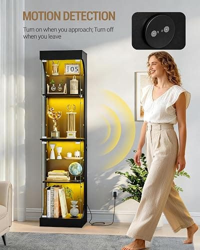 Display Cabinets with Glass Door and Colorful Lights , 4 Tiers, Black | Glass Display Intelligent Human Sensor, Display Case Bookcase for Living Room, Bedroom, for Collectibles Trophy thumbnail 3