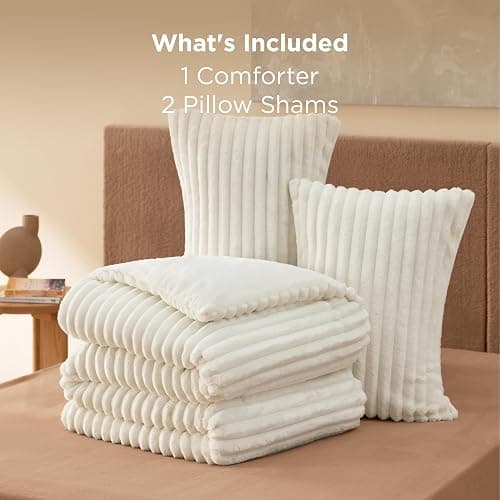 Bedsure Large Queen Fluffy Comforter Set, Cozy Fleece Cream White Bedding | Ultrasoft Ribbed Flannel Comforter, Fall & Winter Warm Bedding Set, Gift for Women, Room Decor Aesthetic, OEKO thumbnail 9