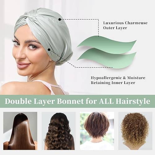 Adjustable Silk Satin Bonnet for Sleeping Hair Wrap, Double Layer Sleep Cap, Night Turban for Large Long Curly Braid Women Men Hair - Matcha Green thumbnail 5