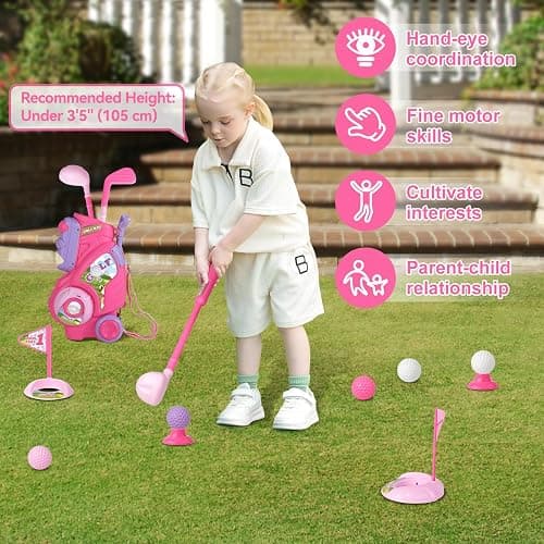 Jovizo Toddler Golf Set for Girls Boys 2 3 4 Years Old, Upgraded Kids Golf Cart with 3 Clubs & 8 Balls, Outdoor Indoor Sports Toys Birthday Gift, Pink - golf set thumbnail 5
