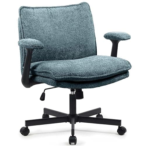 Kassipo Cross Legged Office Chair, Upholstered Criss Cross Desk Chair with Wheels and Flip-Up Armrests, Wide Seat Chair for Home Office, Vanity, Apartment, Dark Green - Green - Image 1