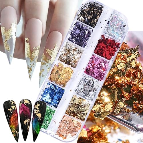 Holographic Nail Glitter Foils, 12 Colors Sparkly Ultra-Thin Aluminum Foil Nail Art Flakes Design, Laser Nail Sequins Acrylic Supplies for Women Girls Manicure Charms Decorations, DIY 3D Nail Art Tips - Image 1